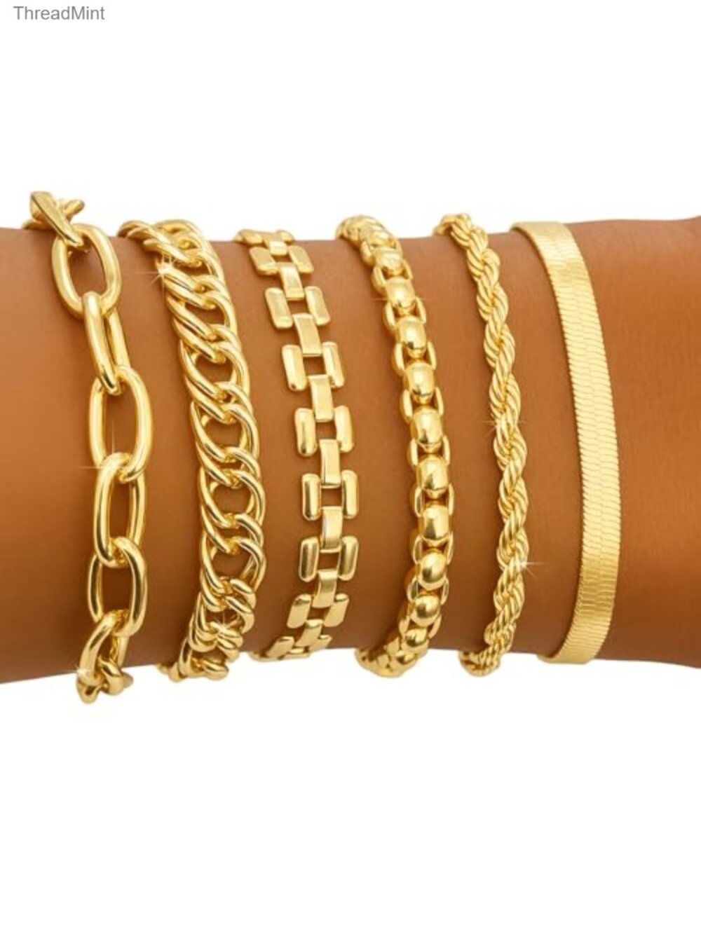6pcs 14K Gold Plated Chain Bracelet Set – Stackable Paperclip, Rope, Snake,